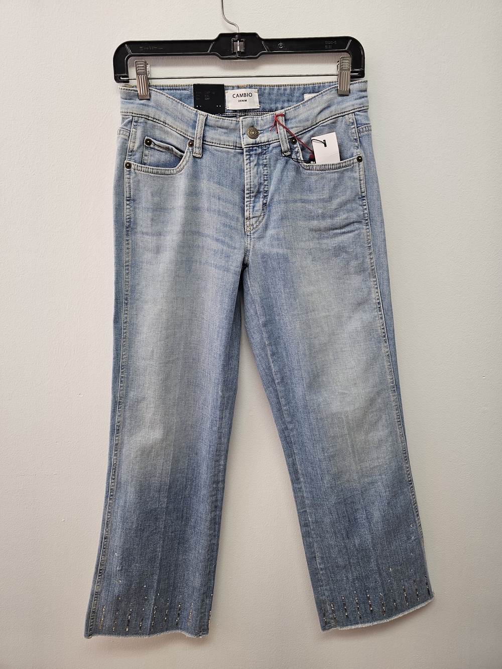 CAMBIO Light Wash Wide-Leg Crop Jeans with Studded Hem